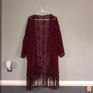 Burgundy Floral Fringe Kimono